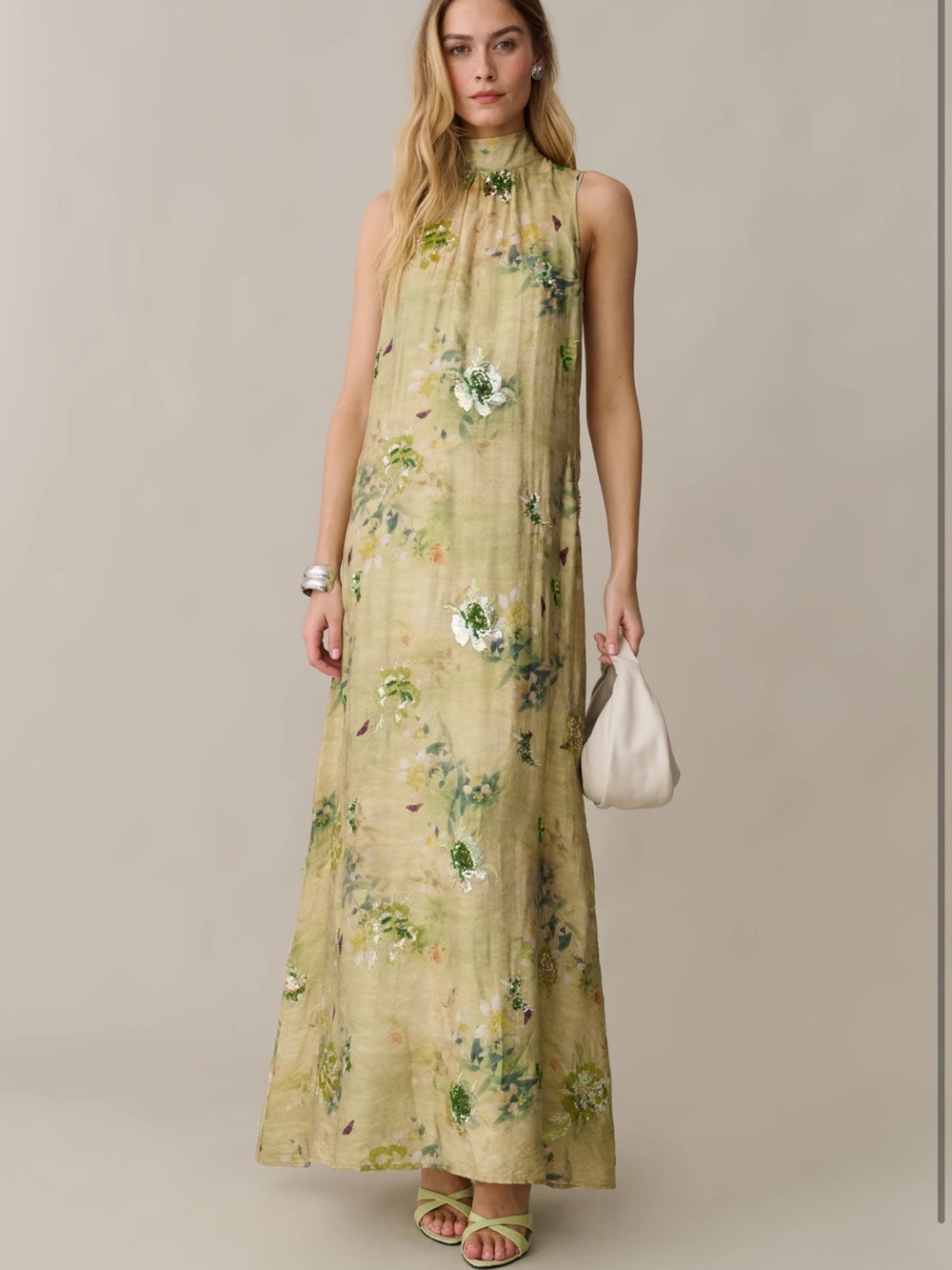 o.p.t. naia mariposa dress-High-Neck Sleeveless Floral Maxi Dress in Olive Green